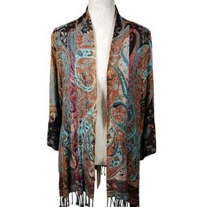 ANU Boho Paisley‎ Fringe Kimono Jacket Medium Multicolor Viscose Open Front